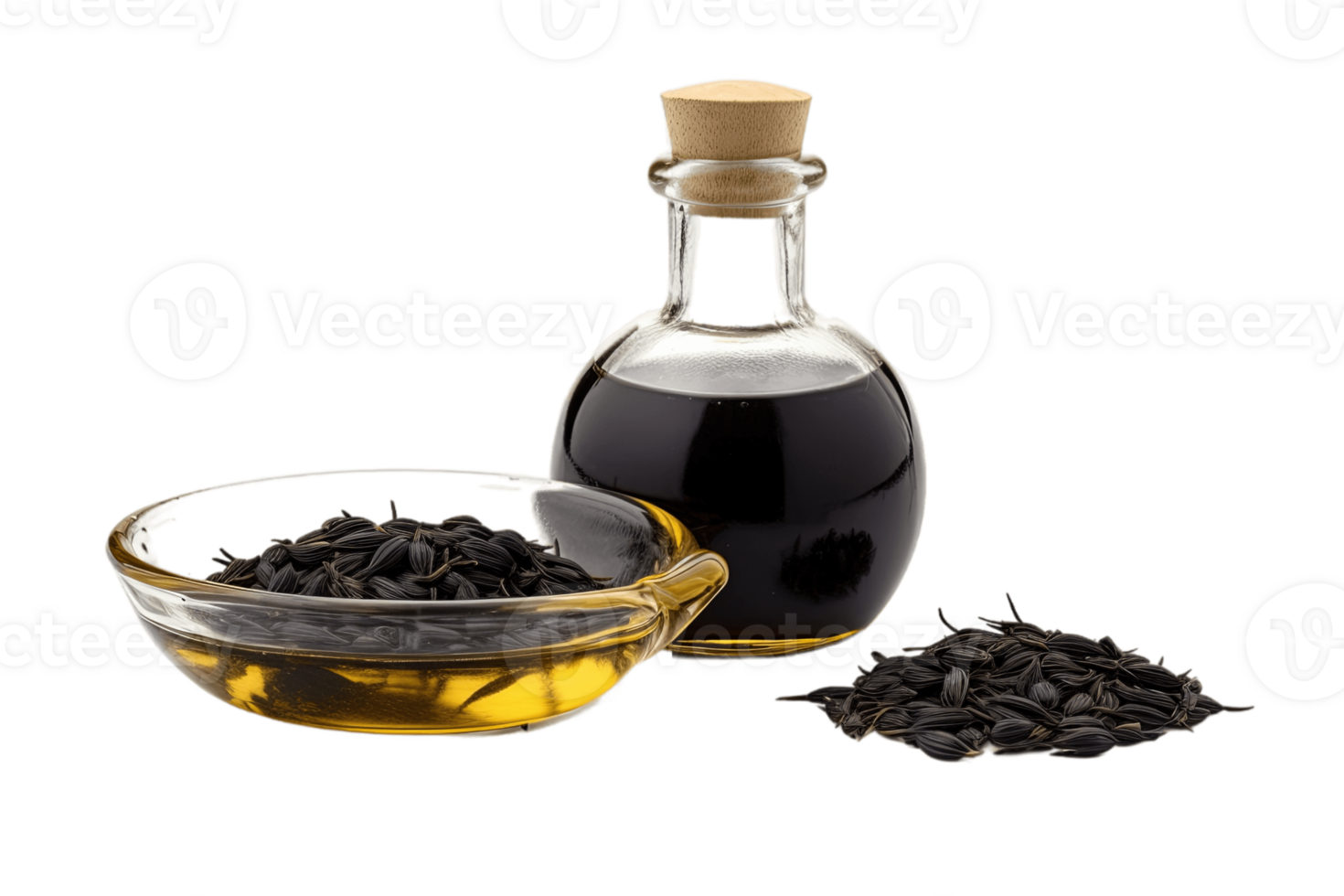 Black cumin oil isolated on transparent background. PNG file, cut out. AI Generated