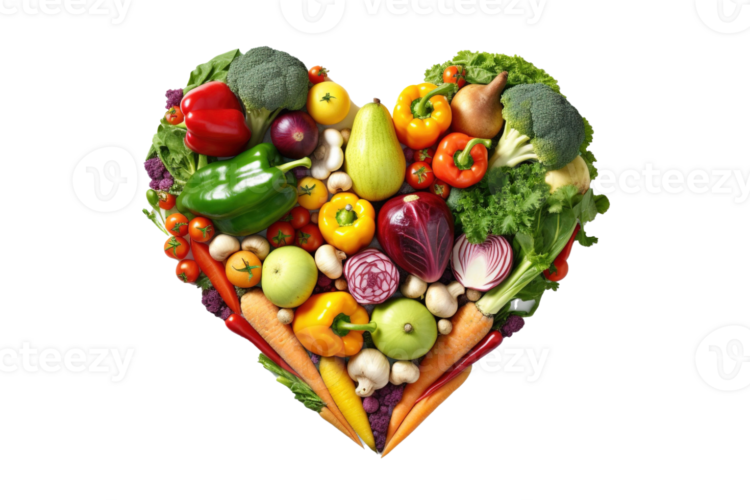 Heart shape made of different vegetables isolated on transparent background. PNG file, cut out. AI Generated