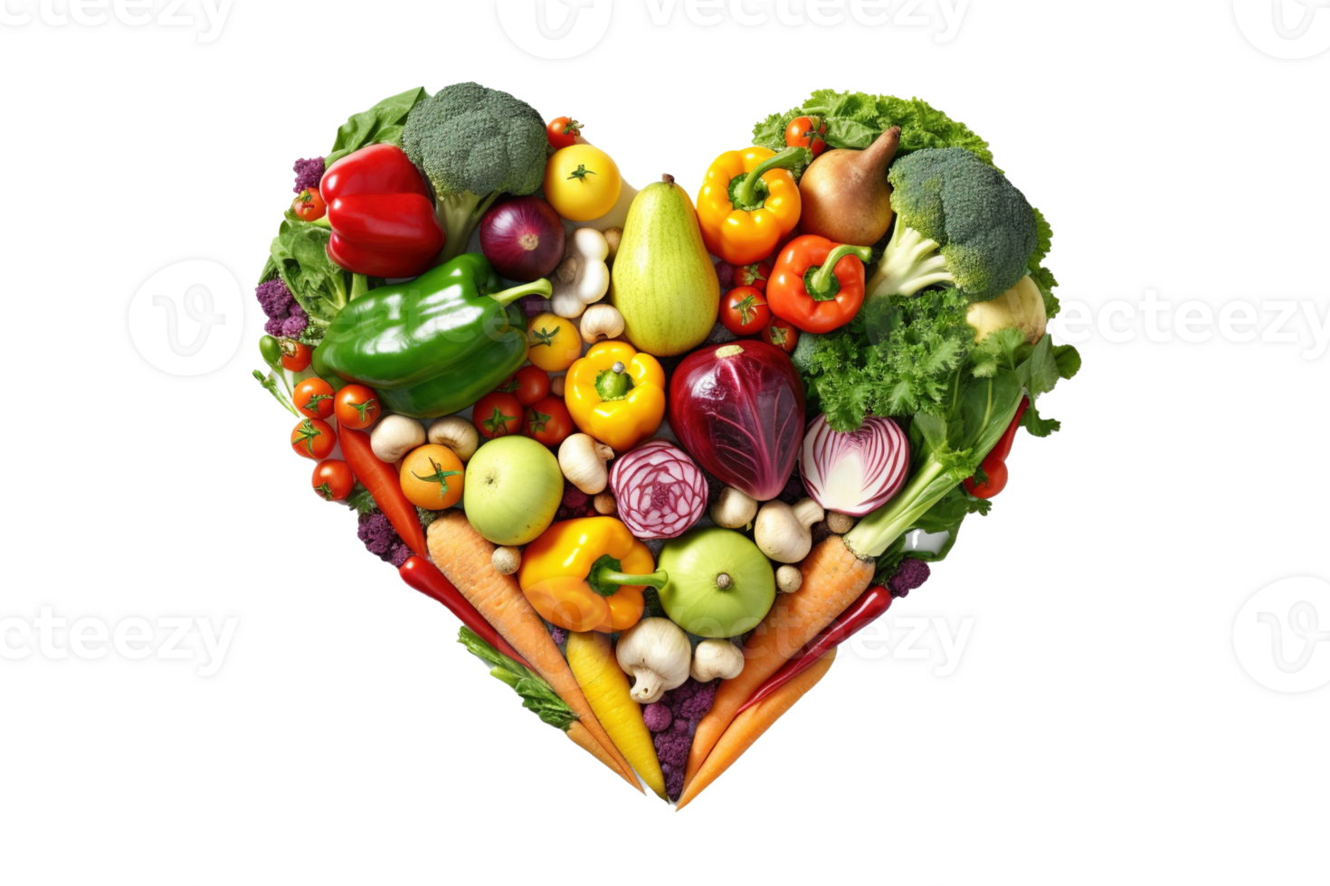 corazón forma hecho de diferente vegetales aislado en transparente antecedentes. png archivo, cortar afuera. ai generado