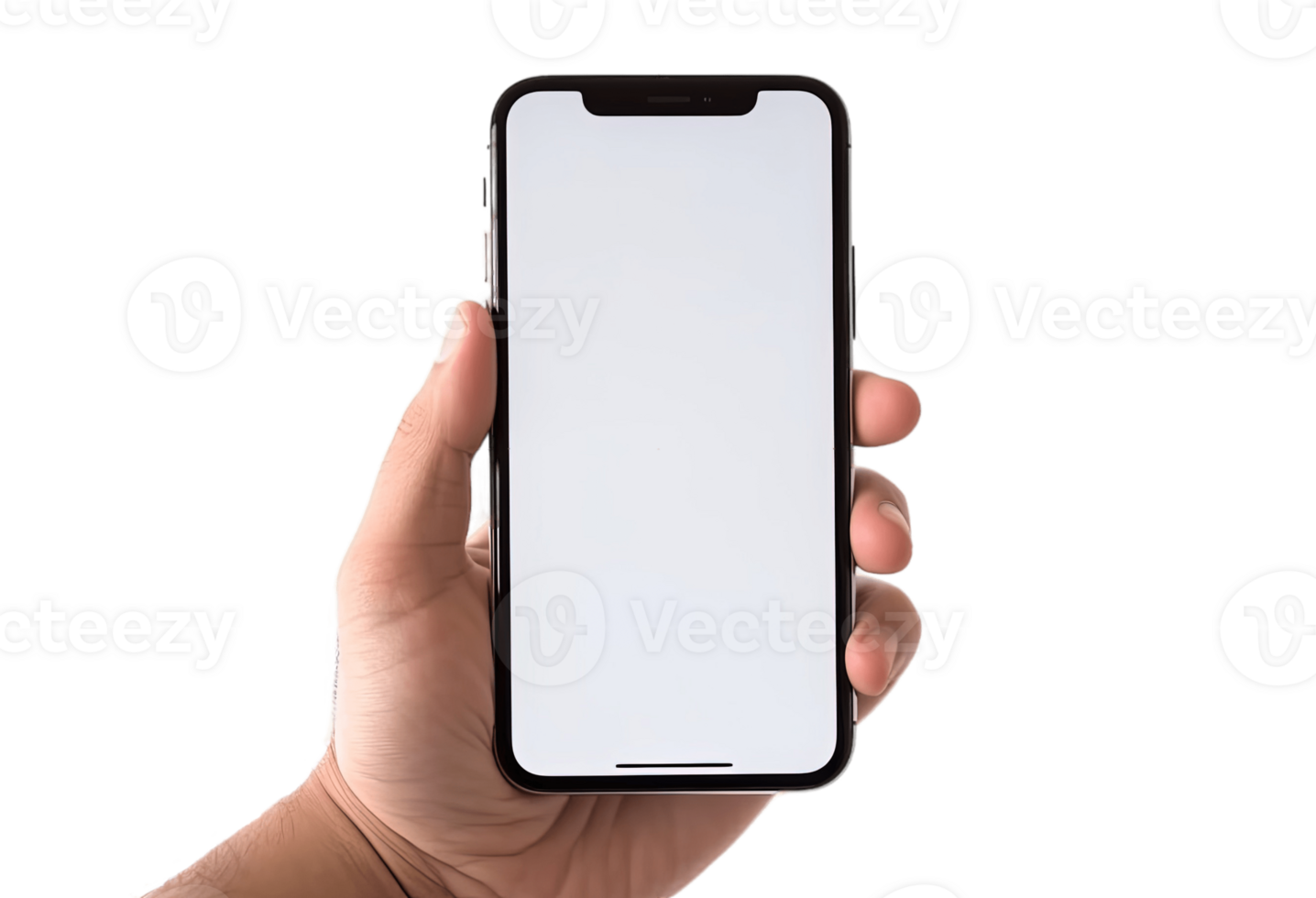 Hand holding smartphone white blank screen mockup isolated on transparent background. mobile phone, PNG file, cut out. AI Generated