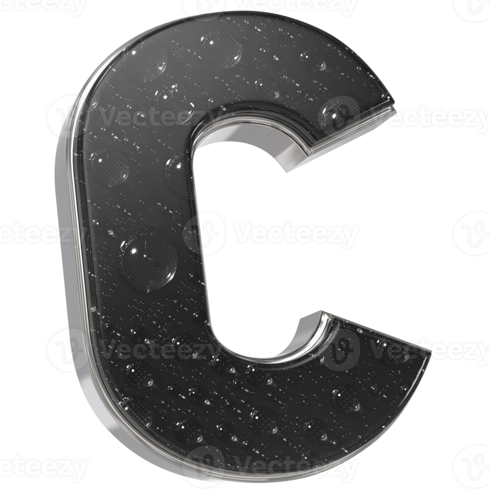 the letter c is made of metal and has water droplets on it png