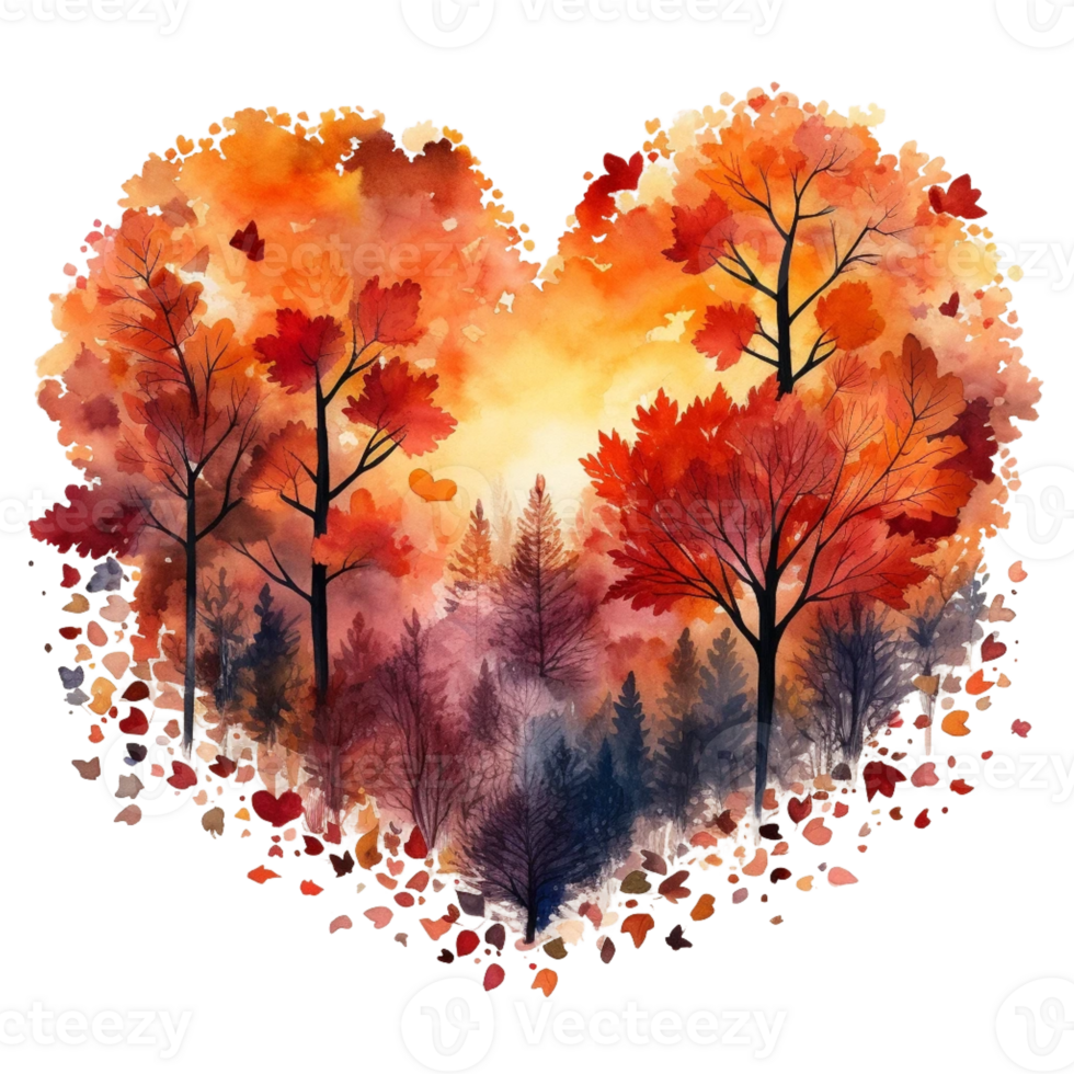 Watercolour Cut heart on autumn and the country png