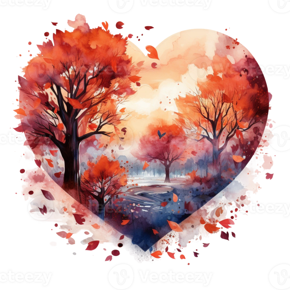 Watercolour Cut heart on autumn and the country png
