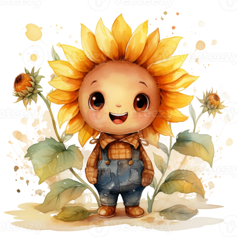 Watercolor cute cartoon sunflower happy time png