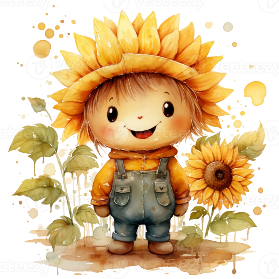 acuarela linda dibujos animados girasol contento hora png