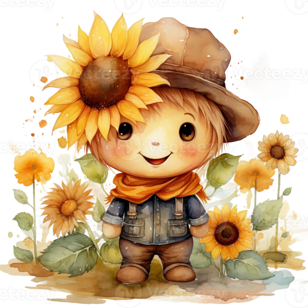 Watercolor cute cartoon sunflower happy time png