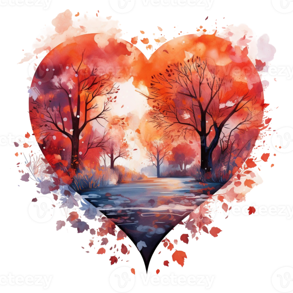 Watercolour Cut heart on autumn and the country png