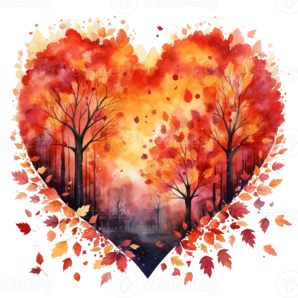 Watercolour Cut heart on autumn and the country png