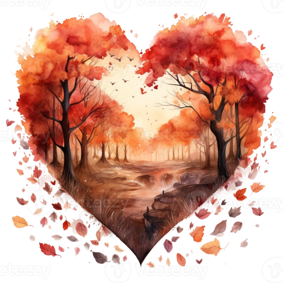 Watercolour Cut heart on autumn and the country png