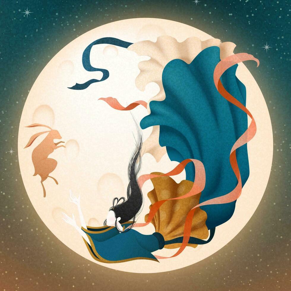 Elegant Chang'e and jade rabbit flying upon the sky with full moon, mid autumn festival illustration vector