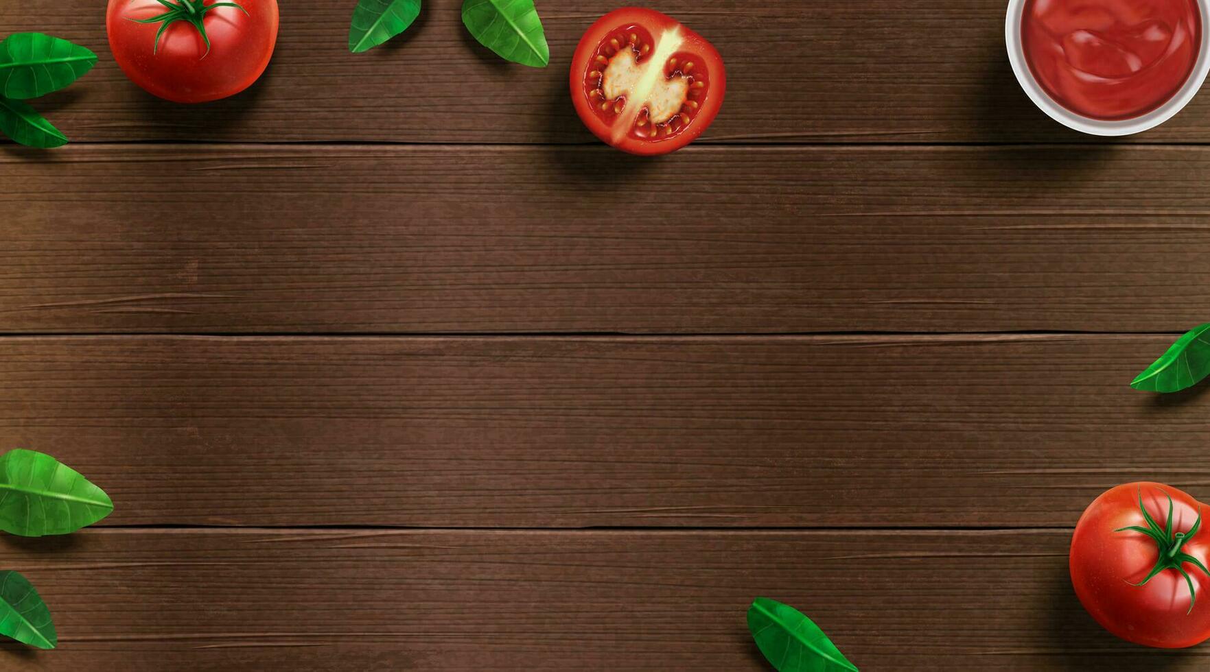 Fresh tomato and basil on wooden table background in 3d illustration vector