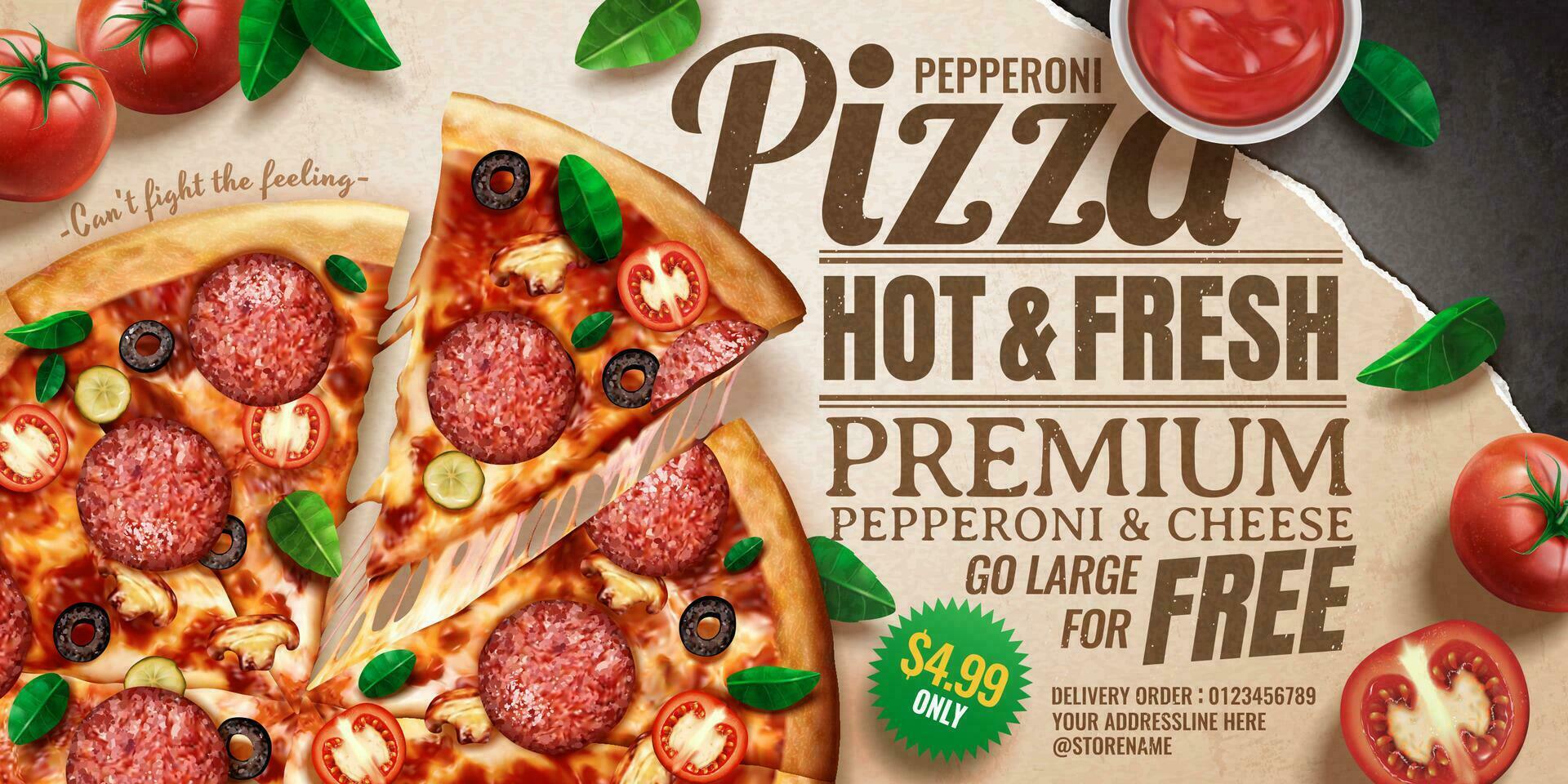 Pepperoni pizza ads with delicious ingredients on kraft paper background in 3d illustration vector