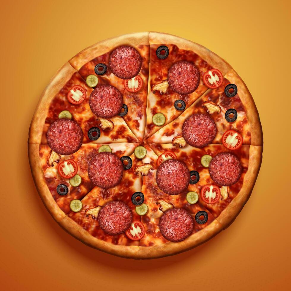 Top view of pepperoni pizza with delicious ingredients on chrome yellow background in 3d illustration vector