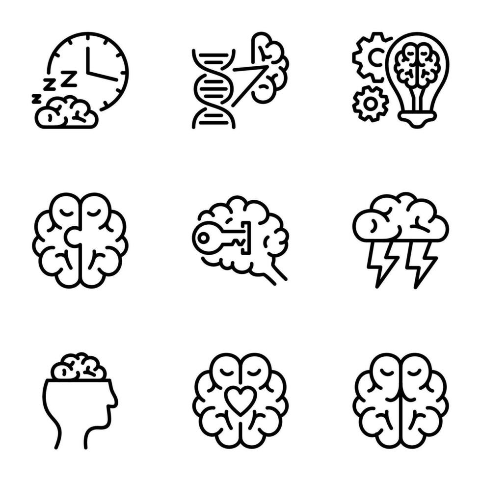 brain line icons set. intelligent, mind, signs, invention, anatomy, brainstorm, dna, puzzle, mindset, brilliant, genetic, imagination, intelligence vector