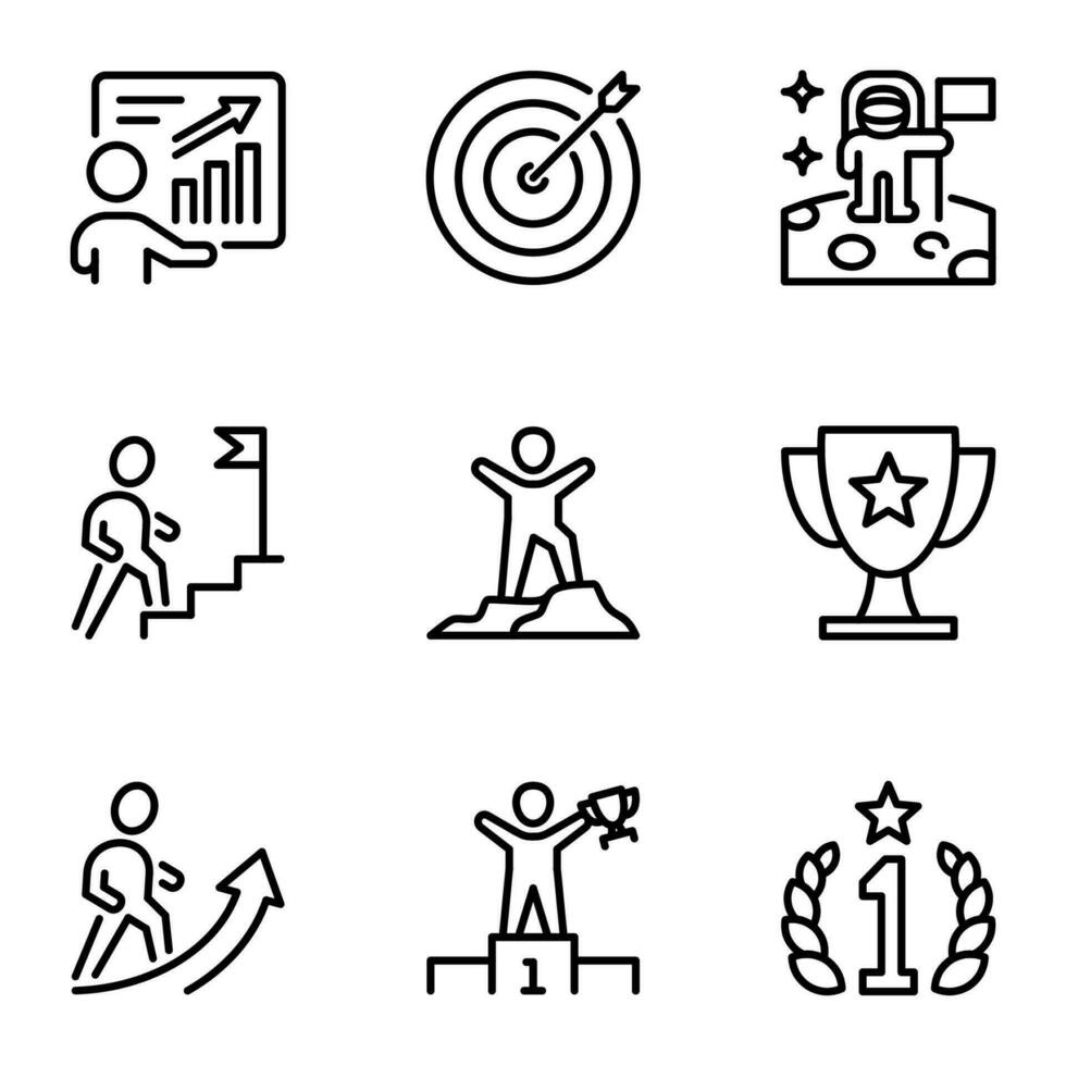 goal and success line icons set. medal, winning, trophy, opportunity, progress, win, winner, leadership, performance, skill, target, aspirations, award, improvement vector