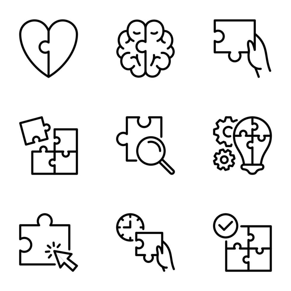 puzzle line icons set. solve, lined, mind, task, complete, jigsaw, puzzle, match, brain, solution, stroke, problem, process, strategy, challenge vector