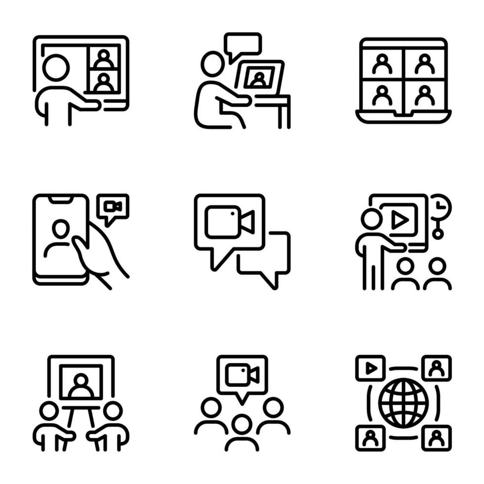 Business Video Conferencing line icons set. teaching, seminar, corporation, teacher, audience, monitor, brainstorming, conference, course, discussion, management, teamwork, meeting vector