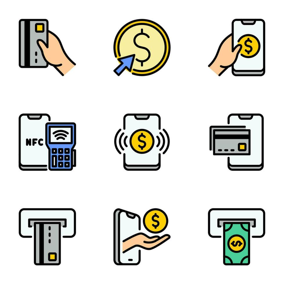 online payment color line icons set. finance, money, terminal, credit, register, currency, mobile, cash, debit, coin, deposit, dollar, bank, web, chip, business, set, atm, symbol, wallet vector