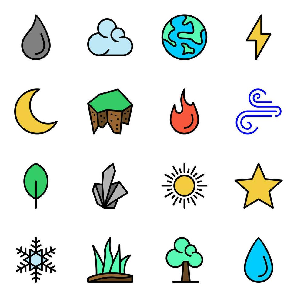 Set of 16 nature color line icons. ecology icon, cloud, earth, lightning, icon set, water, ecology, nature, leaf, fire and sun vector