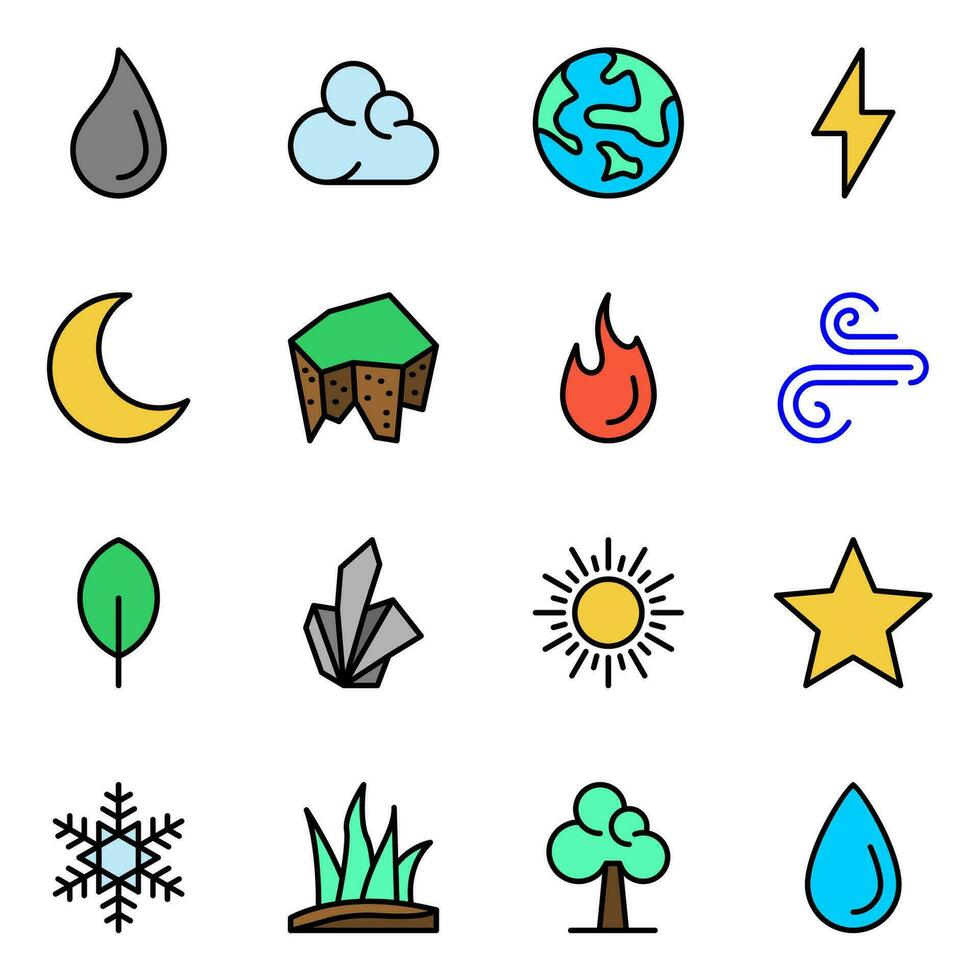 Set of 16 nature color line icons. ecology icon, cloud, earth, lightning, icon set, water, ecology, nature, leaf, fire and sun vector