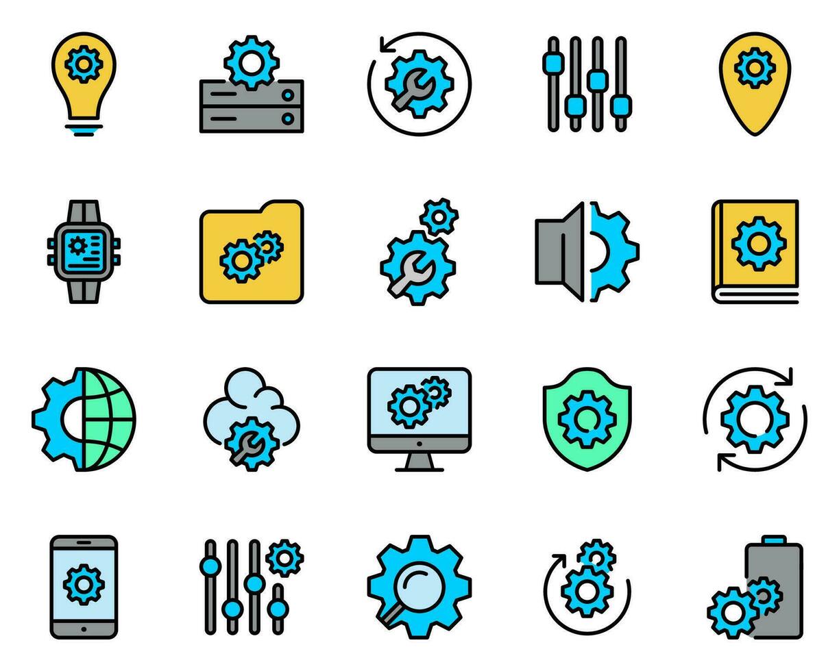 Set of 20 setting color line icons. gear and repair icon. control, service, maintenance, system, recovery, icon set and installing vector