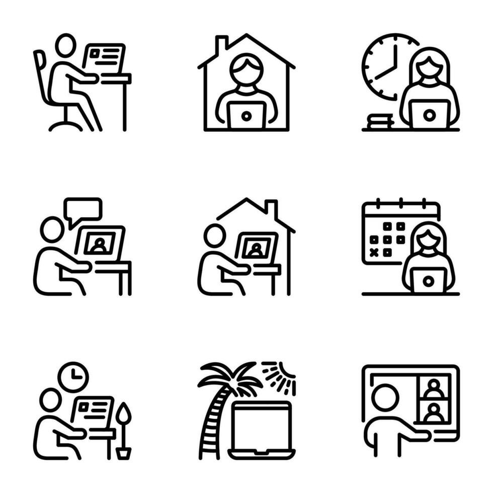 online working line icons set. Working from home icon. networking, businessperson, collaboration, workspace, computing, conference, remote, teamwork, calendar, freelance, meeting, workplace vector