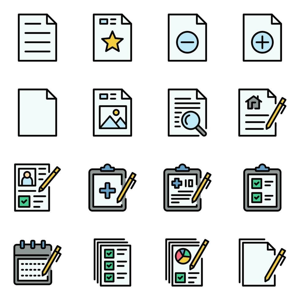 set of document color line icons. notepad icons set. note, form, clipboard, sheet, write, contract, list, survey, schedule, certificate, planner vector