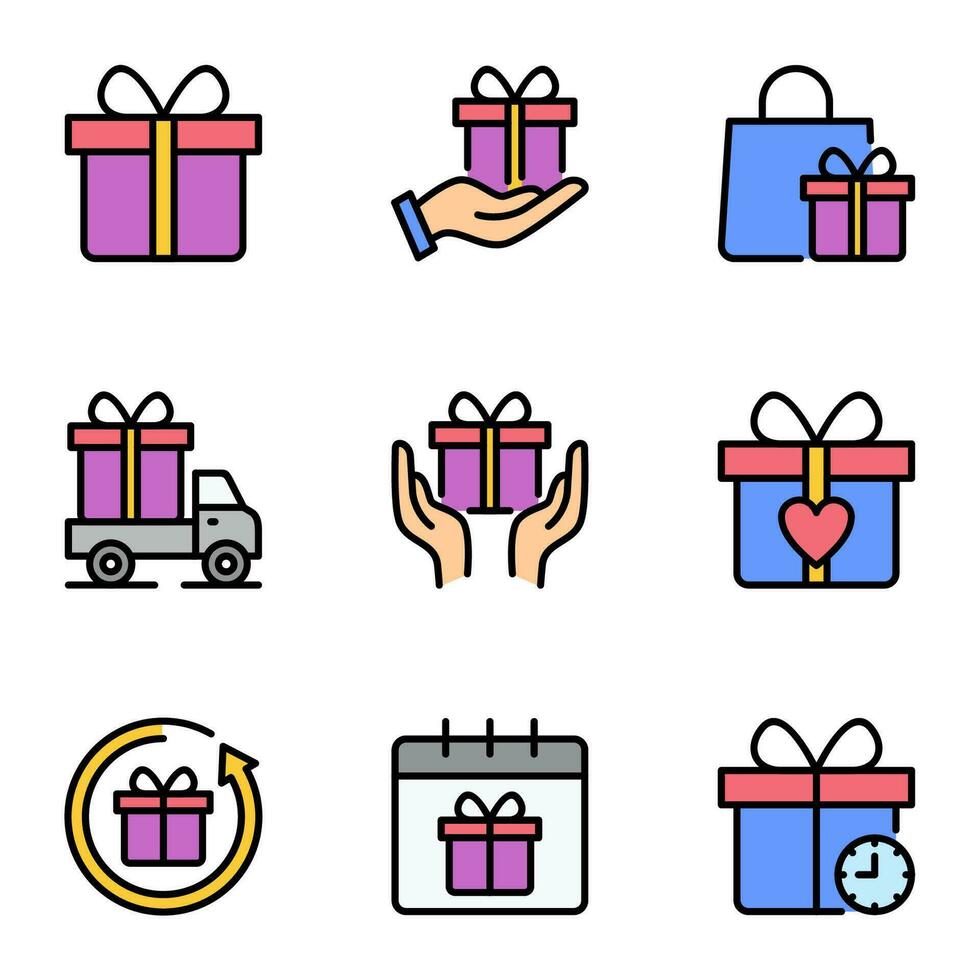 gift box color line icons set. surprise, packaging, package, selling, marketing, present, ribbon, delivery, anniversary, outline, store, wedding, shopping, buy vector