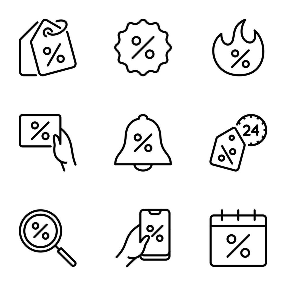 discount line icons set. coupon, sell, special, offer, price, promotion, purchase, campaign, payment, sticker, tag, retail, marketing vector