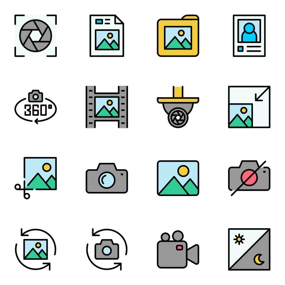 set of camera color line icons. camera icons set. image, photography, multimedia, lens, picture, rotation, photograph vector