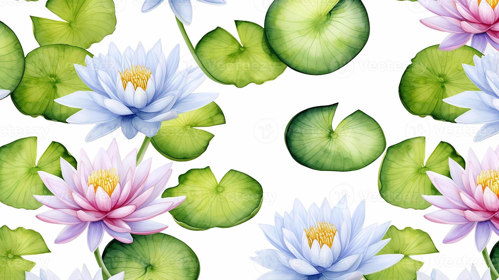 Seamless pattern of Water Lily flower in watercolor style isolated on white background. Water Lily flower texture background. Generative AI photo