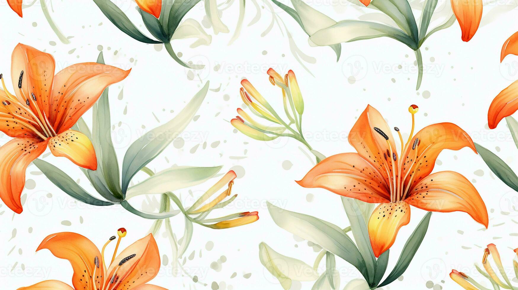 Seamless pattern of Tiger Lily flower in watercolor style isolated on white background. Tiger Lily flower texture background. Generative AI photo