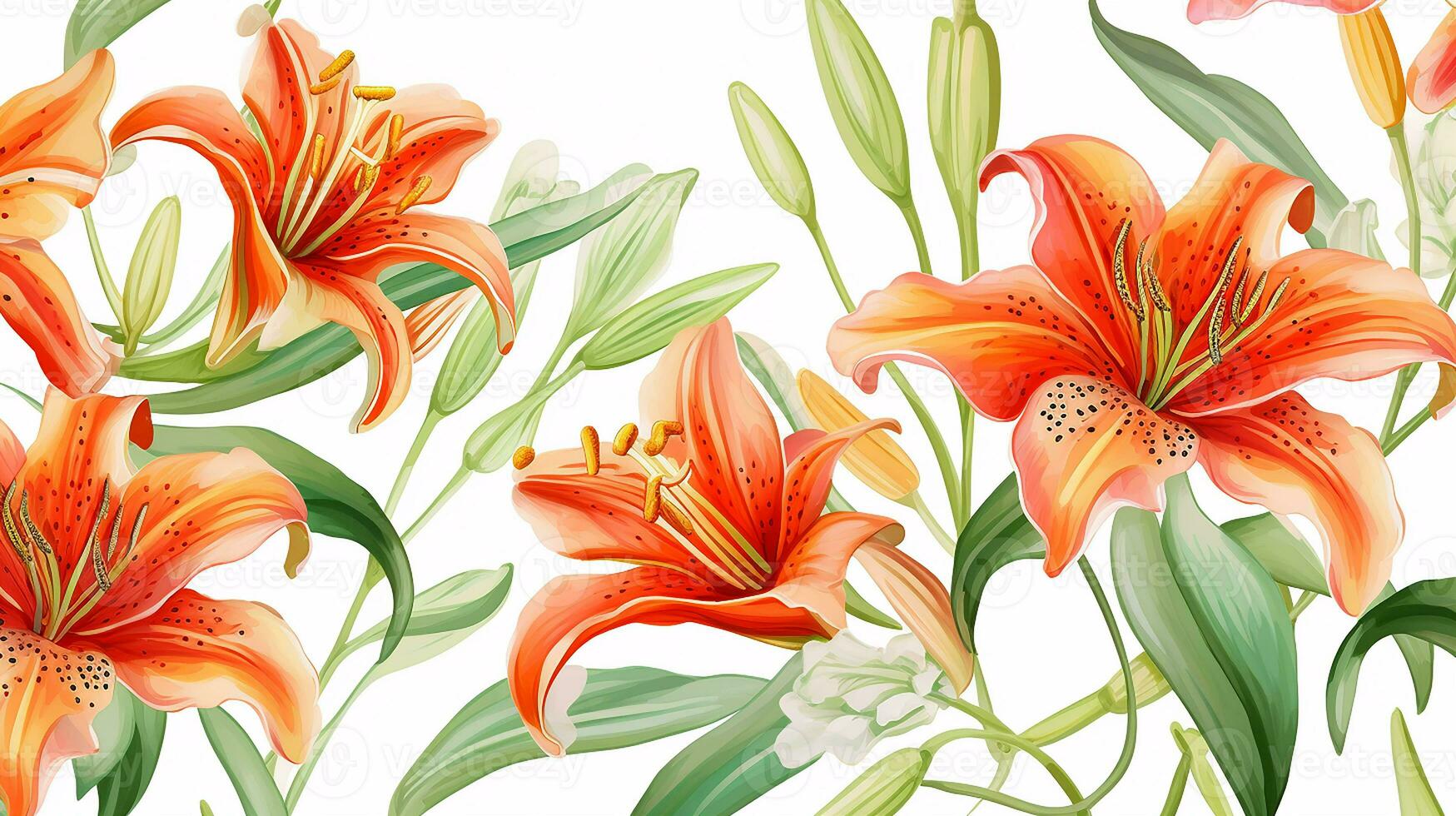 Seamless pattern of Tiger Lily flower in watercolor style isolated on white background. Tiger Lily flower texture background. Generative AI photo