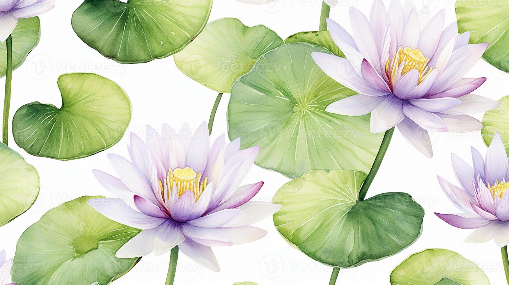 Seamless pattern of Water Lily flower in watercolor style isolated on white background. Water Lily flower texture background. Generative AI photo