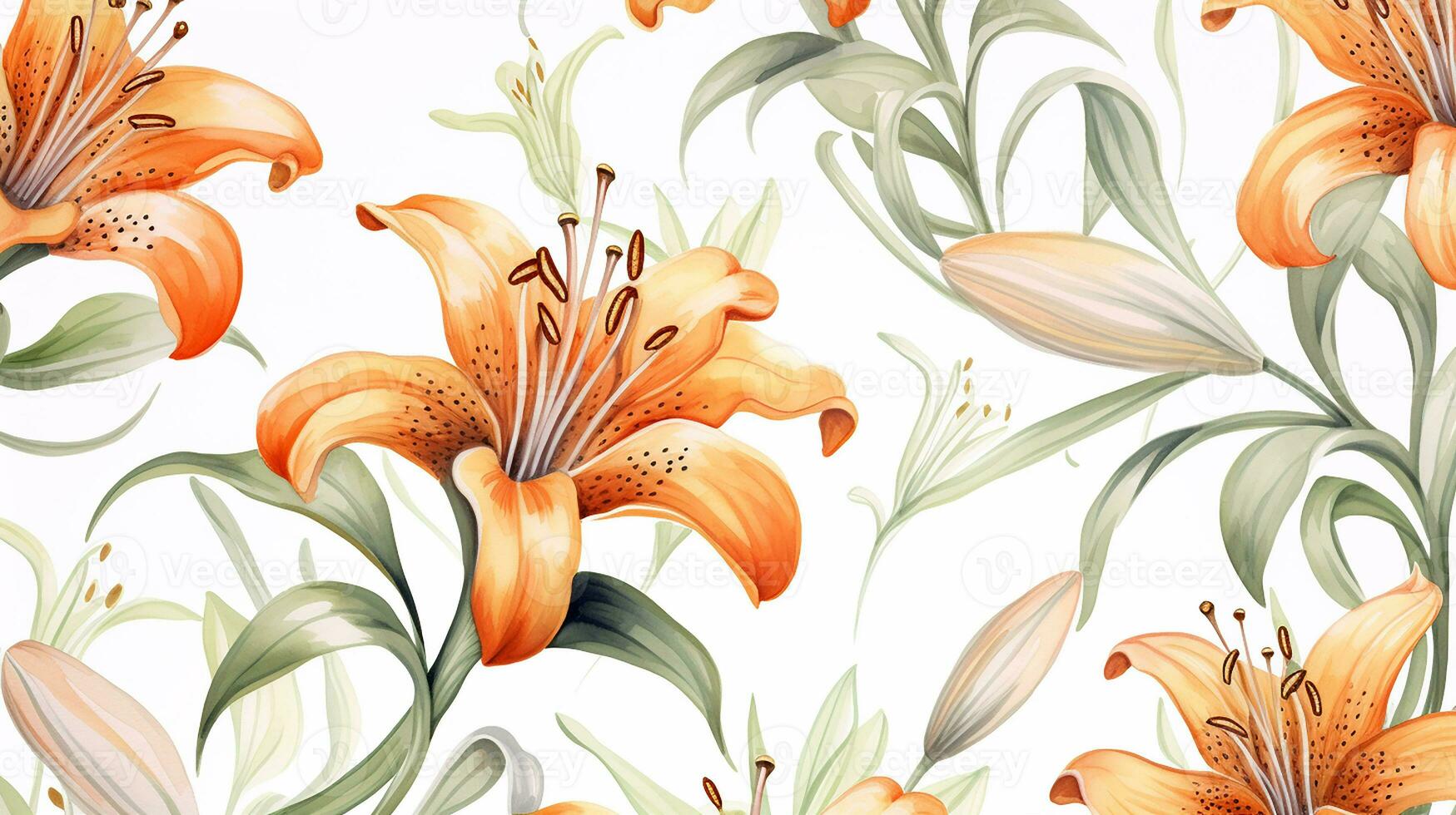 Seamless pattern of Tiger Lily flower in watercolor style isolated on white background. Tiger Lily flower texture background. Generative AI photo