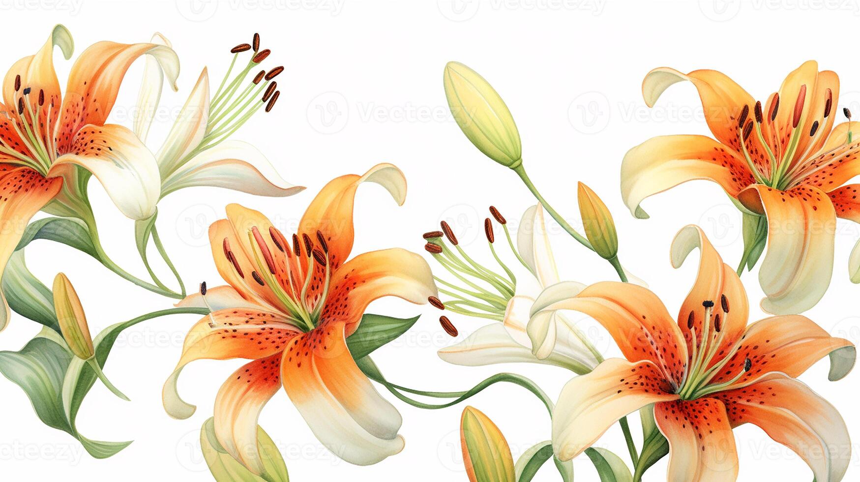 Seamless pattern of Tiger Lily flower in watercolor style isolated on white background. Tiger Lily flower texture background. Generative AI photo