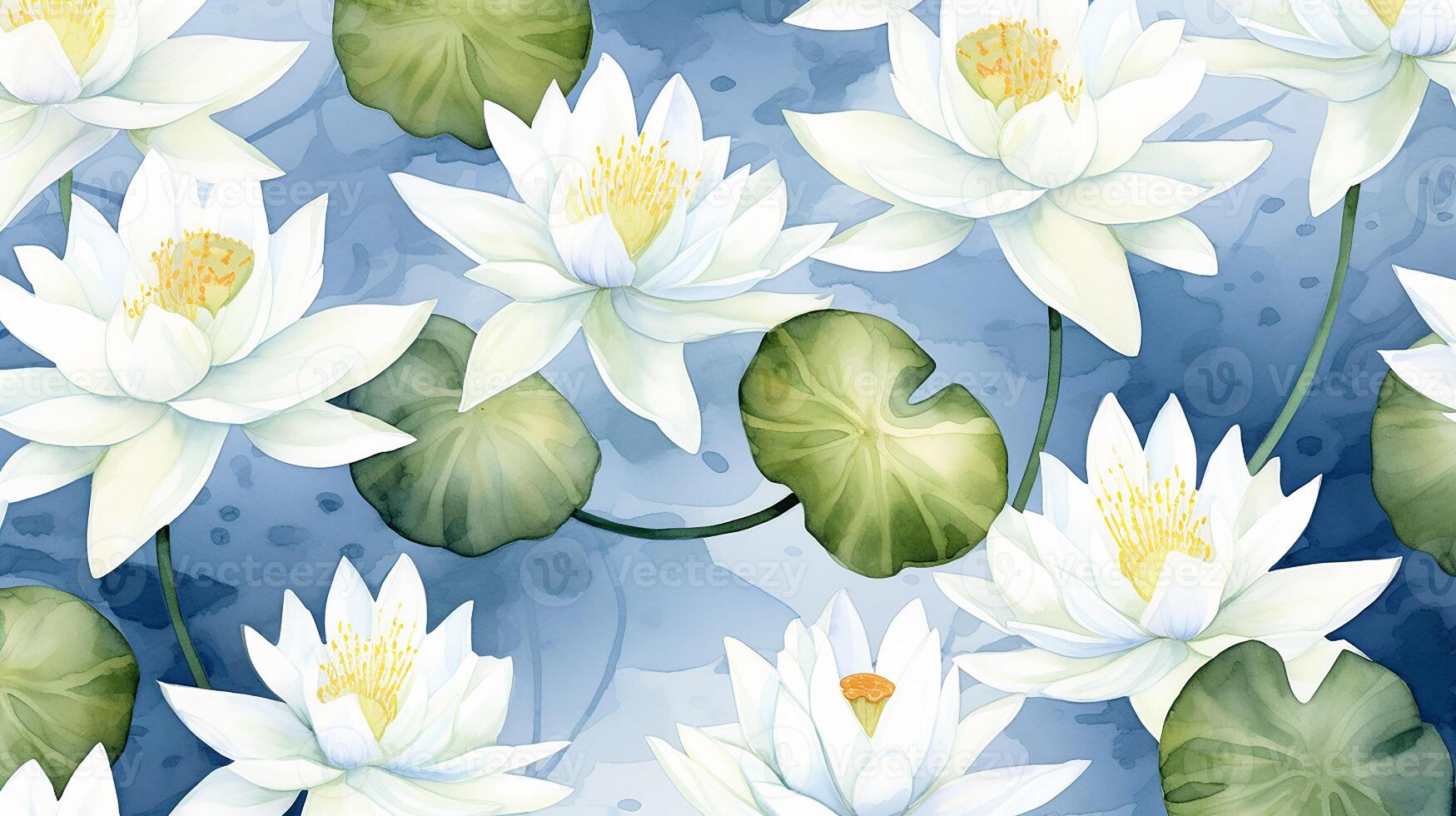 Seamless pattern of Water Lily flower in watercolor style isolated on white background. Water Lily flower texture background. Generative AI photo