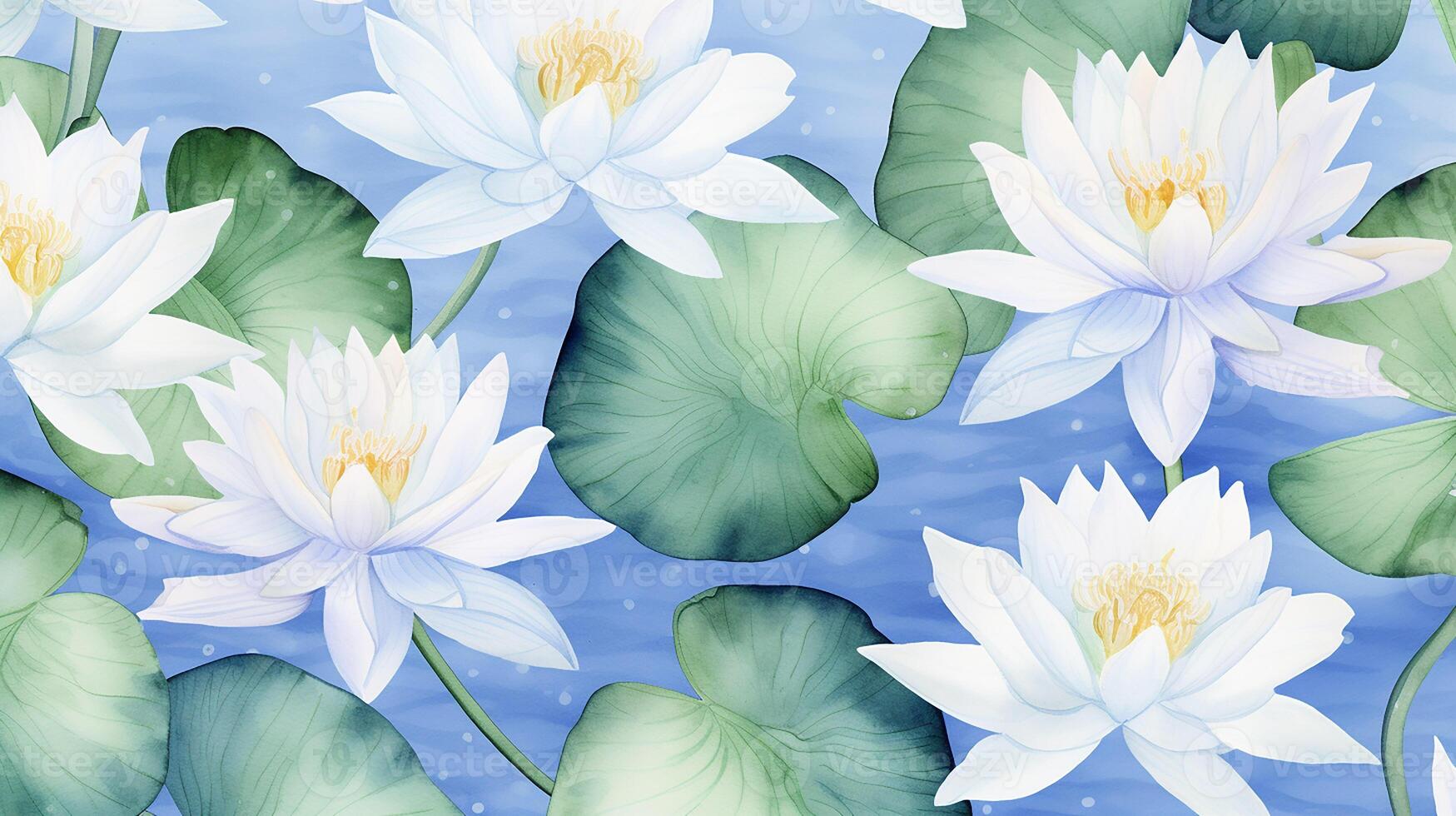 Seamless pattern of Water Lily flower in watercolor style isolated on white background. Water Lily flower texture background. Generative AI photo