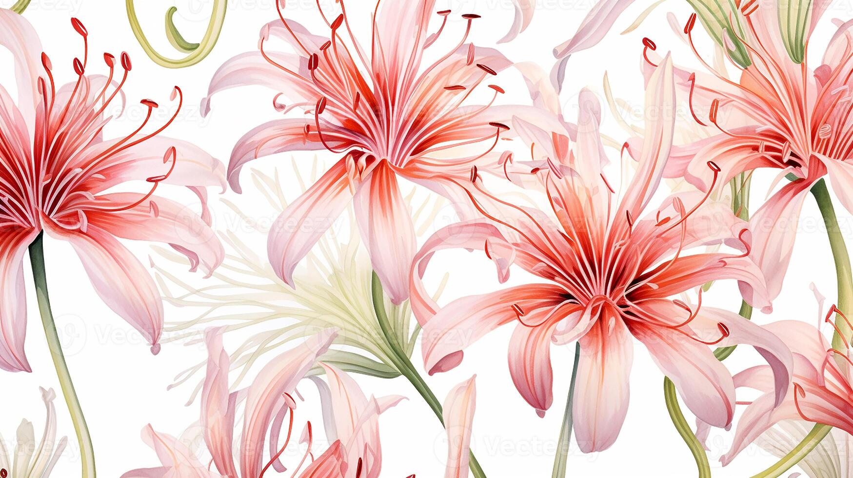 Seamless pattern of Spider Lily flower in watercolor style isolated on white background. Spider Lily flower texture background. Generative AI photo