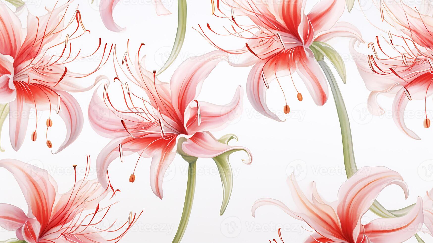 Seamless pattern of Spider Lily flower in watercolor style isolated on white background. Spider Lily flower texture background. Generative AI photo