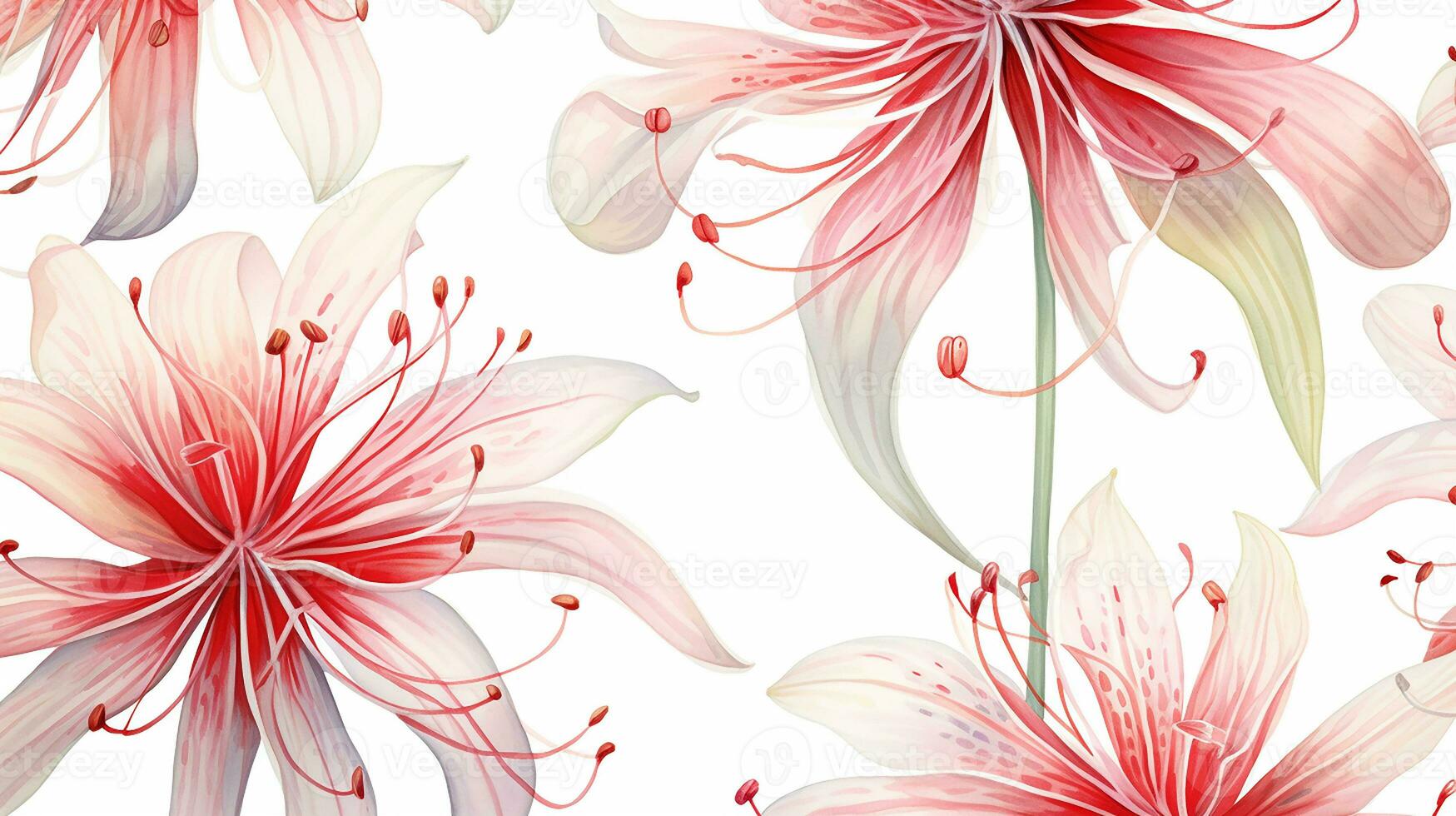 Seamless pattern of Spider Lily flower in watercolor style isolated on white background. Spider Lily flower texture background. Generative AI photo