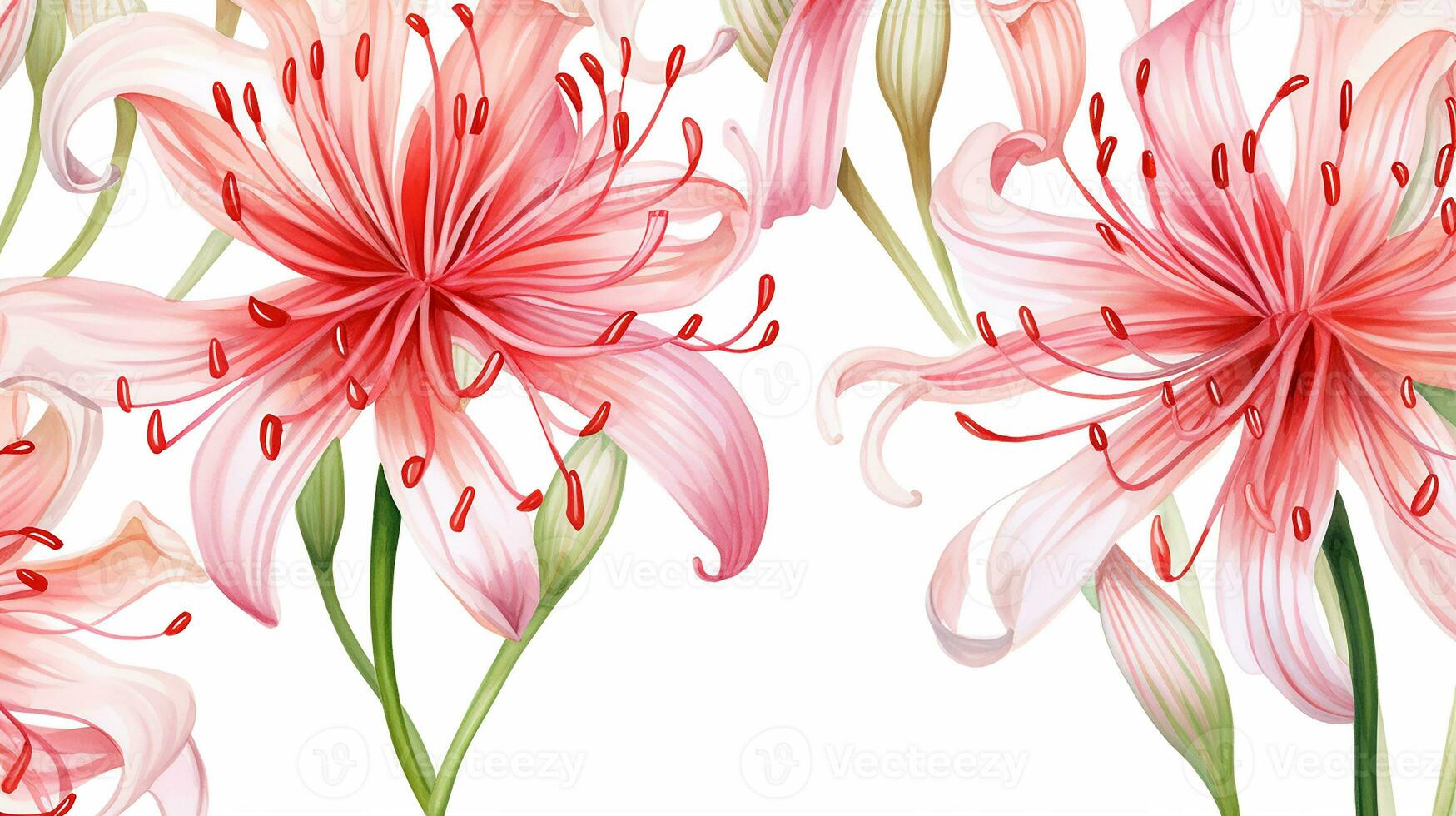 Seamless pattern of Spider Lily flower in watercolor style isolated on white background. Spider Lily flower texture background. Generative AI photo