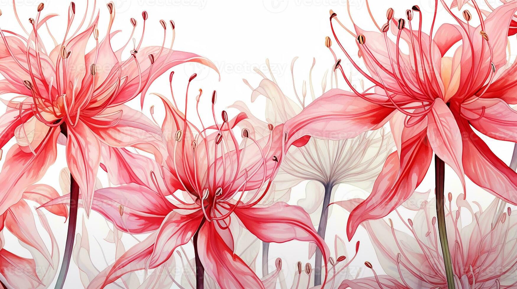 Seamless pattern of Spider Lily flower in watercolor style isolated on white background. Spider Lily flower texture background. Generative AI photo