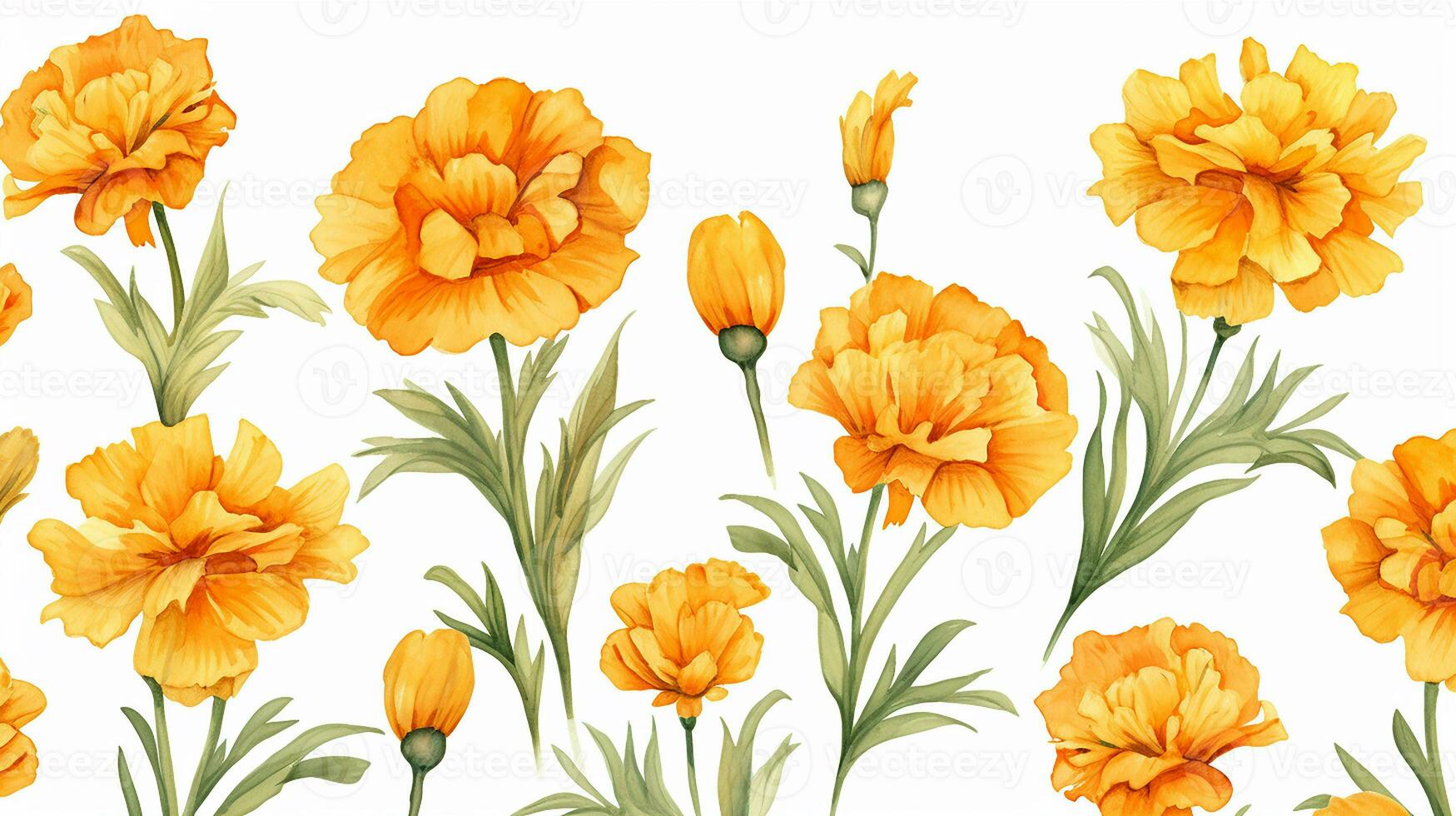 Seamless pattern of Marigold flower in watercolor style isolated on white background. Marigold flower texture background. Generative AI photo