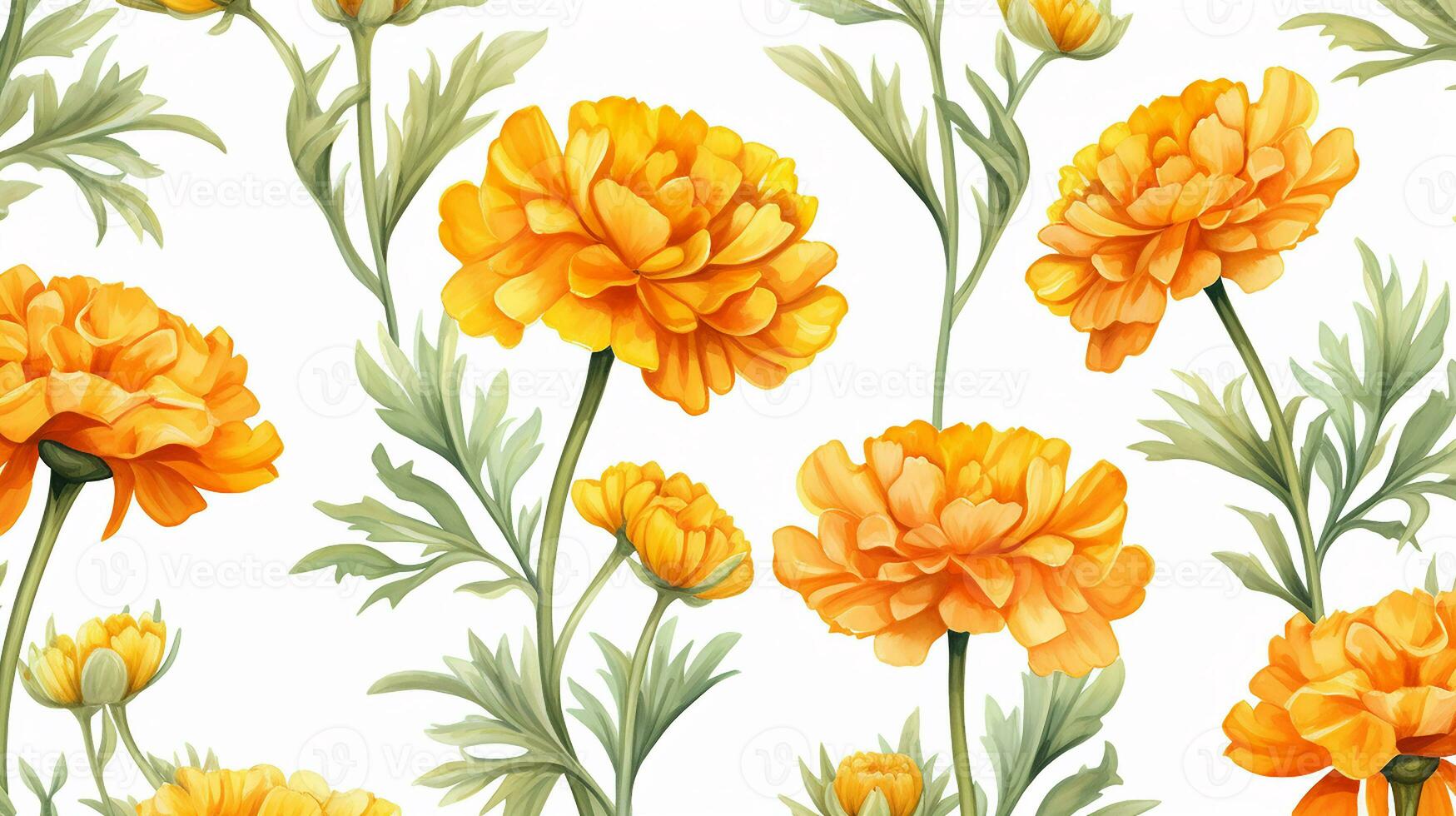 Seamless pattern of Marigold flower in watercolor style isolated on white background. Marigold flower texture background. Generative AI photo