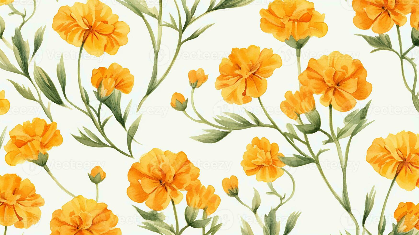 Seamless pattern of Marigold flower in watercolor style isolated on white background. Marigold flower texture background. Generative AI photo