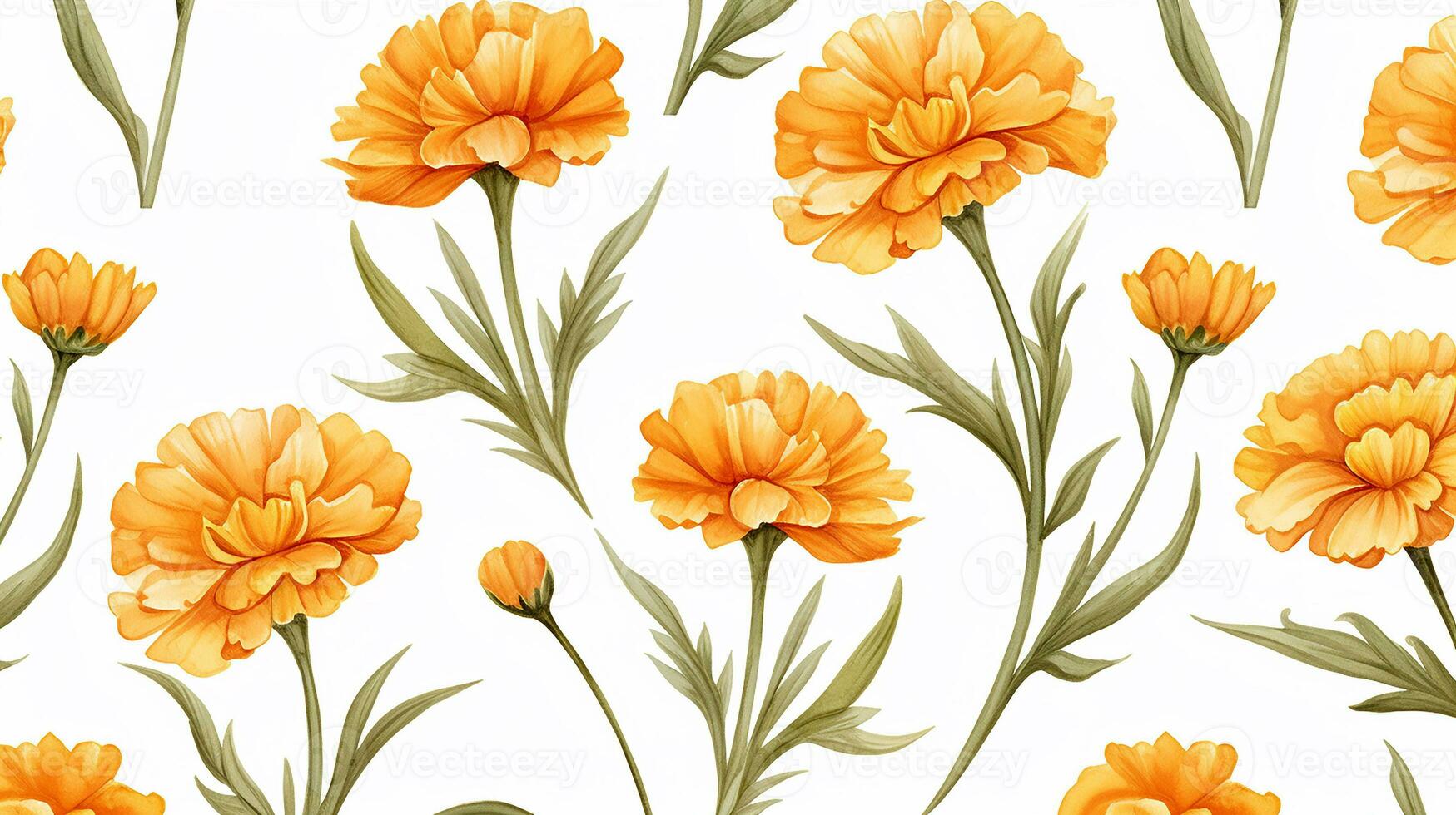 Seamless pattern of Marigold flower in watercolor style isolated on white background. Marigold flower texture background. Generative AI photo