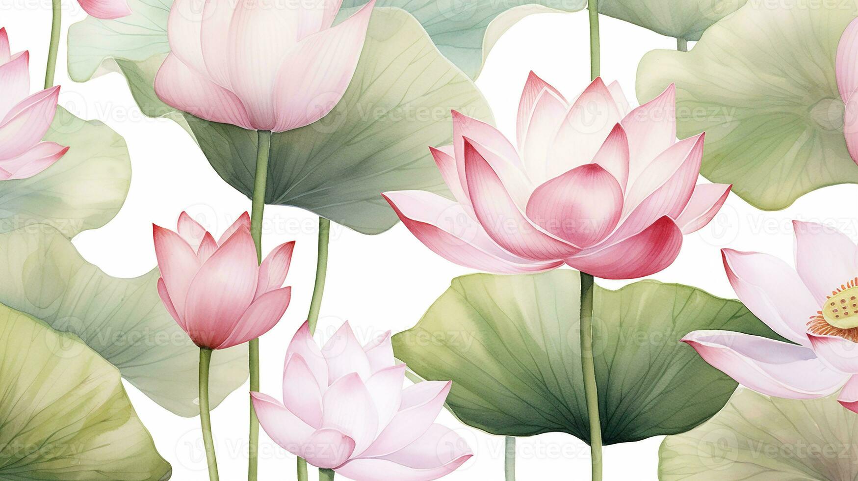 Seamless pattern of Lotus flower in watercolor style isolated on white background. Lotus flower texture background. Generative AI photo