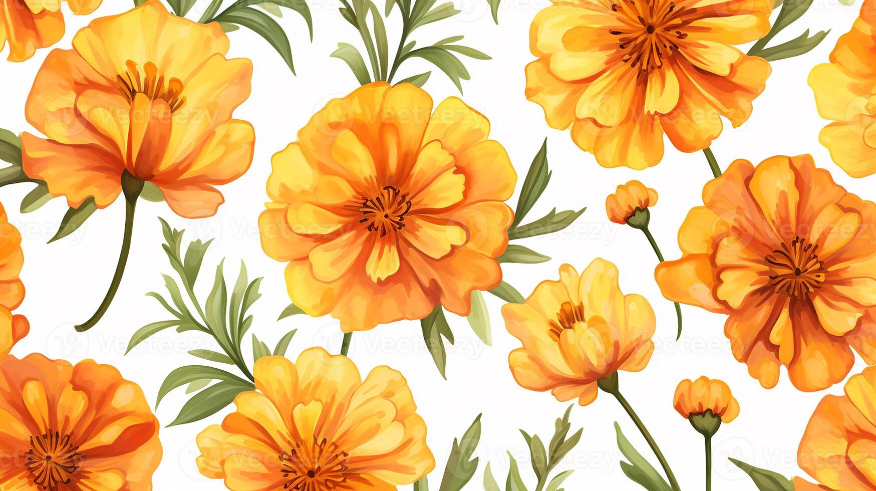 Seamless pattern of Marigold flower in watercolor style isolated on white background. Marigold flower texture background. Generative AI photo