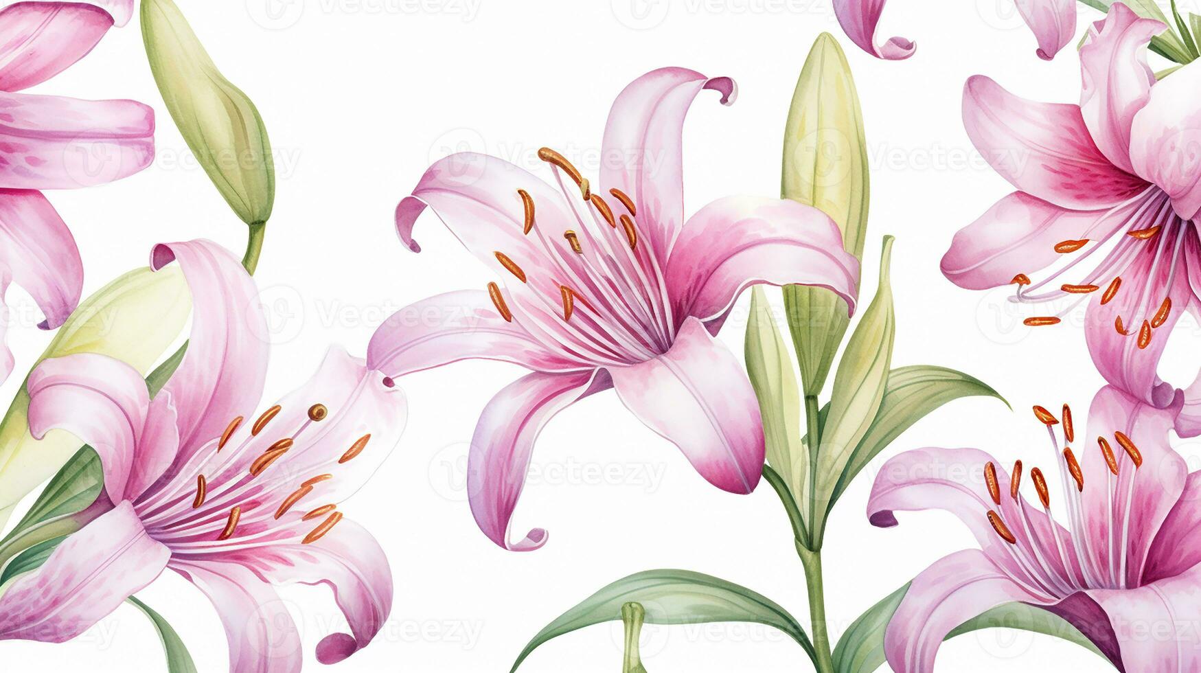 Seamless pattern of Fairy Lily flower in watercolor style isolated on white background. Fairy Lily flower texture background. Generative AI photo